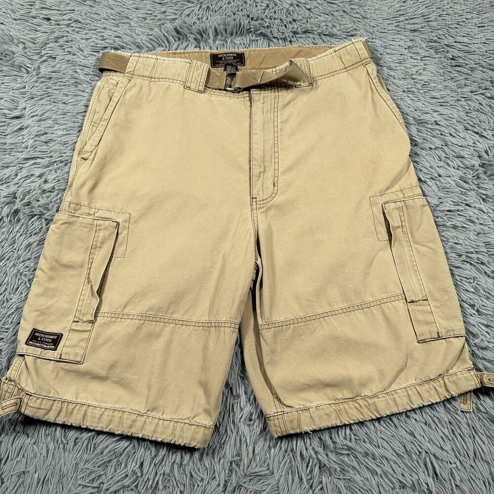 Abercrombie Fitch Shorts 36 Khaki Cargo Utility Belted Baggy Skater Y2K Mens